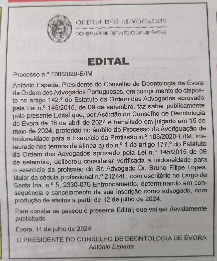 Entroncamento: advogado preso por vários crimes não pode voltar a exercer IMG 20240804 141429